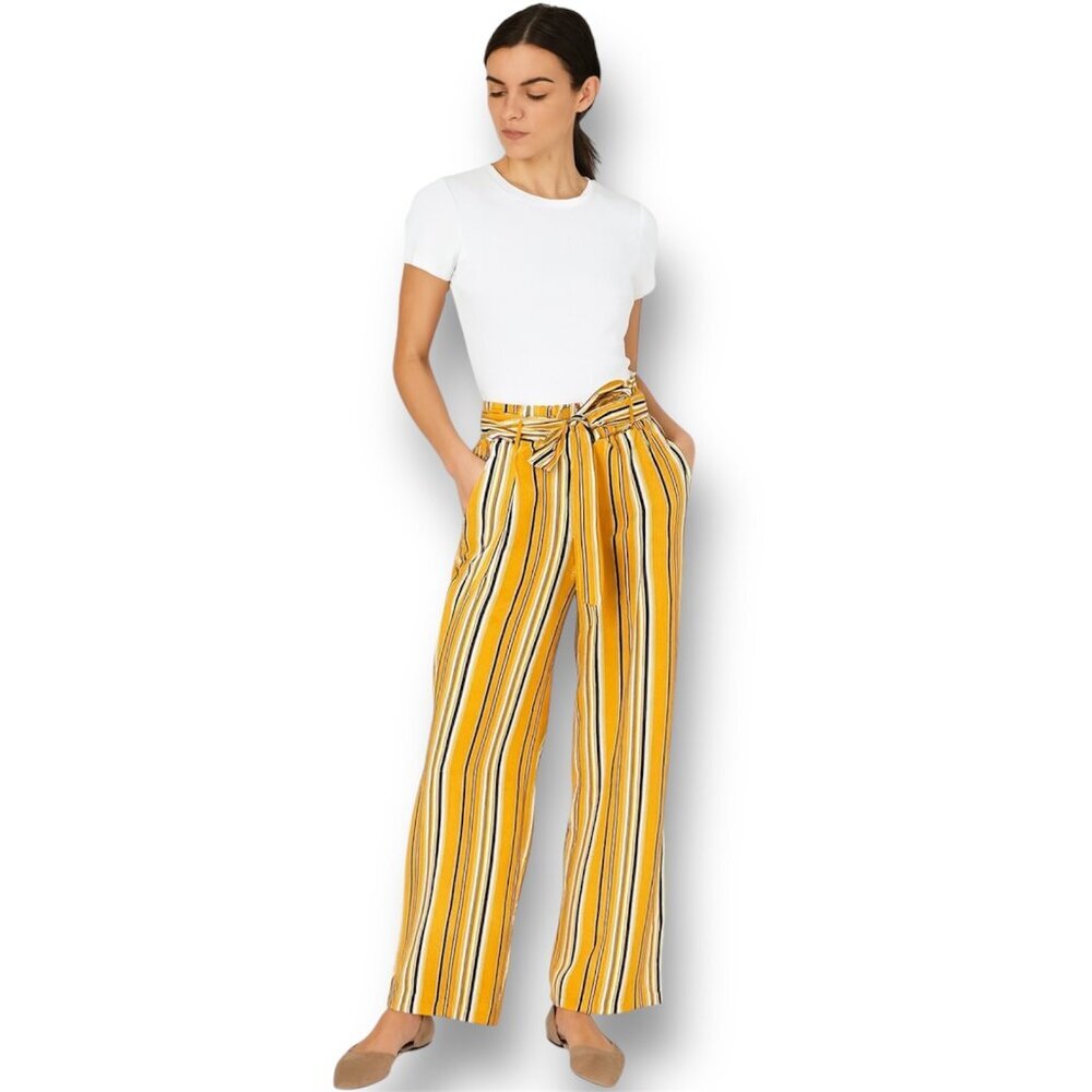Anthropologie After Market Mustard Striped Wide Leg Pants Tie Waist Boho Resort‎